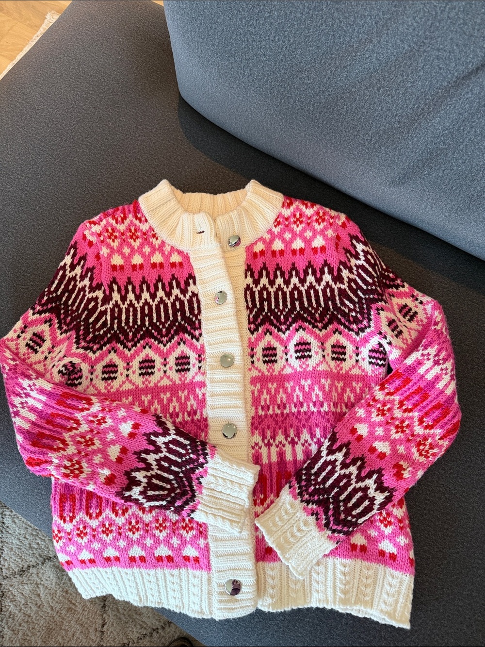 Talbots Pink and Cream Fair Isle Cardigan Sweater worn 1 time